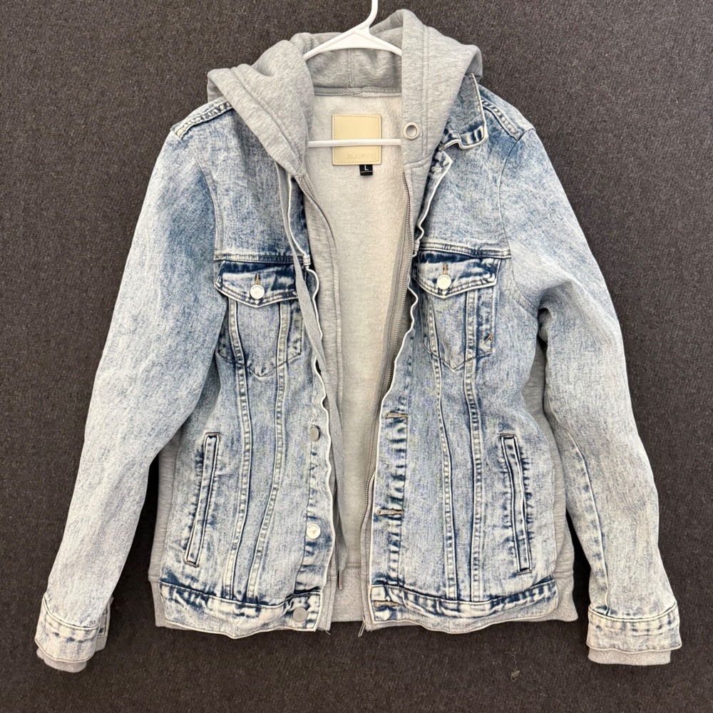 Mens L Acid Wash Denim Trucker Hoodie Jacket Denim Stretch Indie Street
